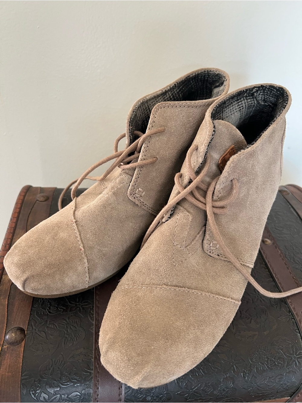 Toms Taupe Suede Wedge Lace-Up Ankle Boots